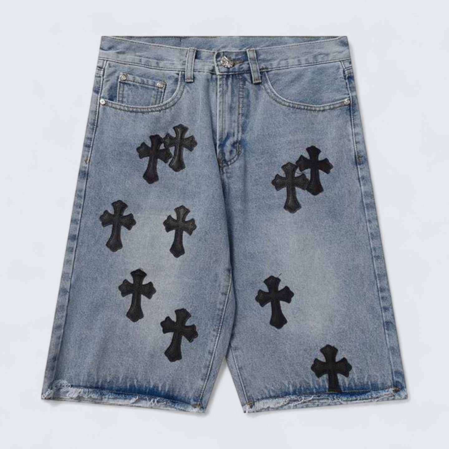 Light Wash Cross Patch Denim Shorts