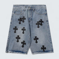 Light Wash Cross Patch Denim Shorts
