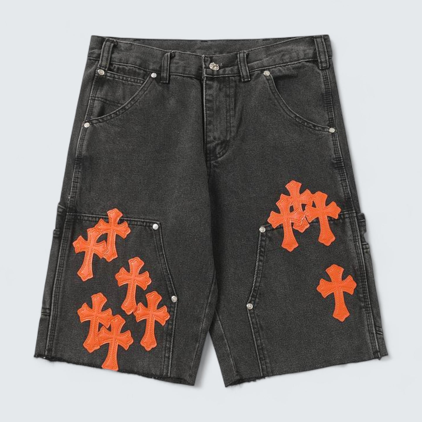 Orange Cross Patch Denim Shorts