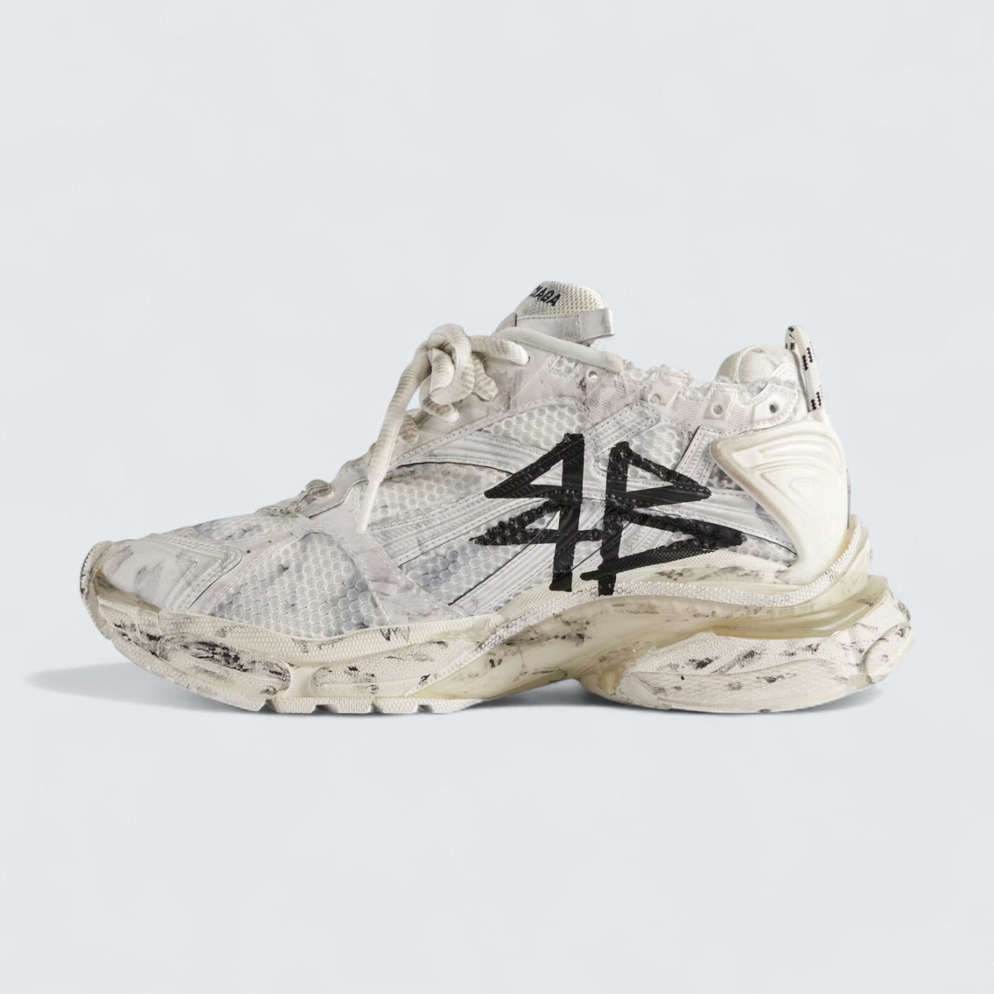Runner Graffiti Sneaker in White and Black Mesh and Nylon