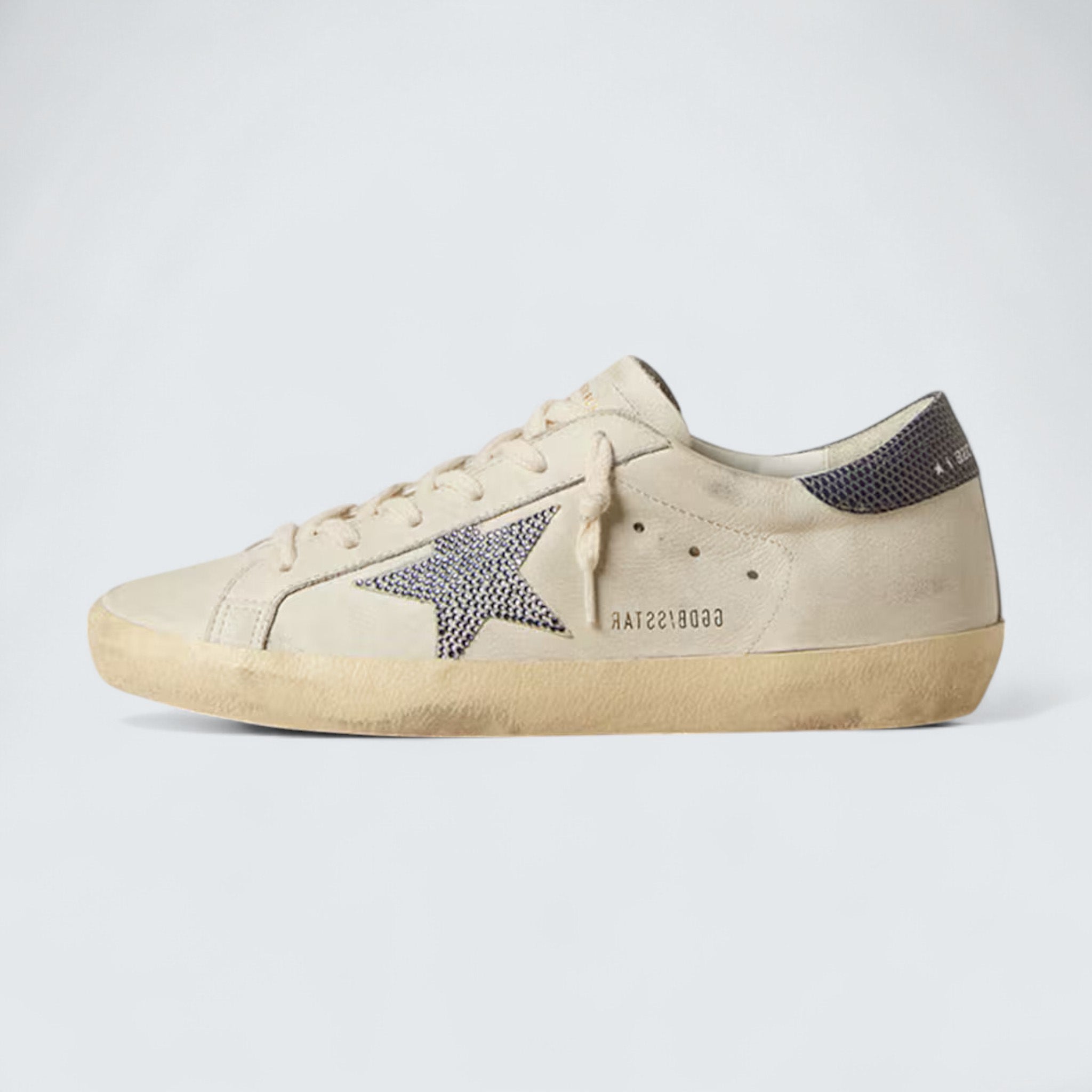 Super-Star LTD 'Cream-White Leather with Swarovski Crystal Star and Blue Lizard-Print Heel Tab'