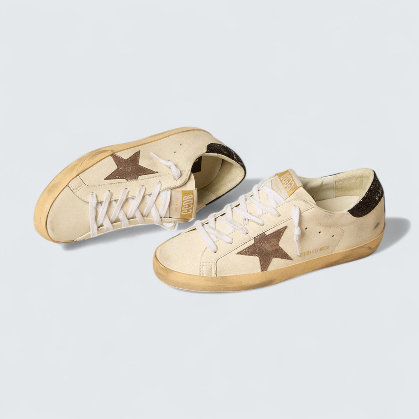 Super-Star LTD 'White Leather with Laminated Leather Star and Black Glitter Heel Tab'