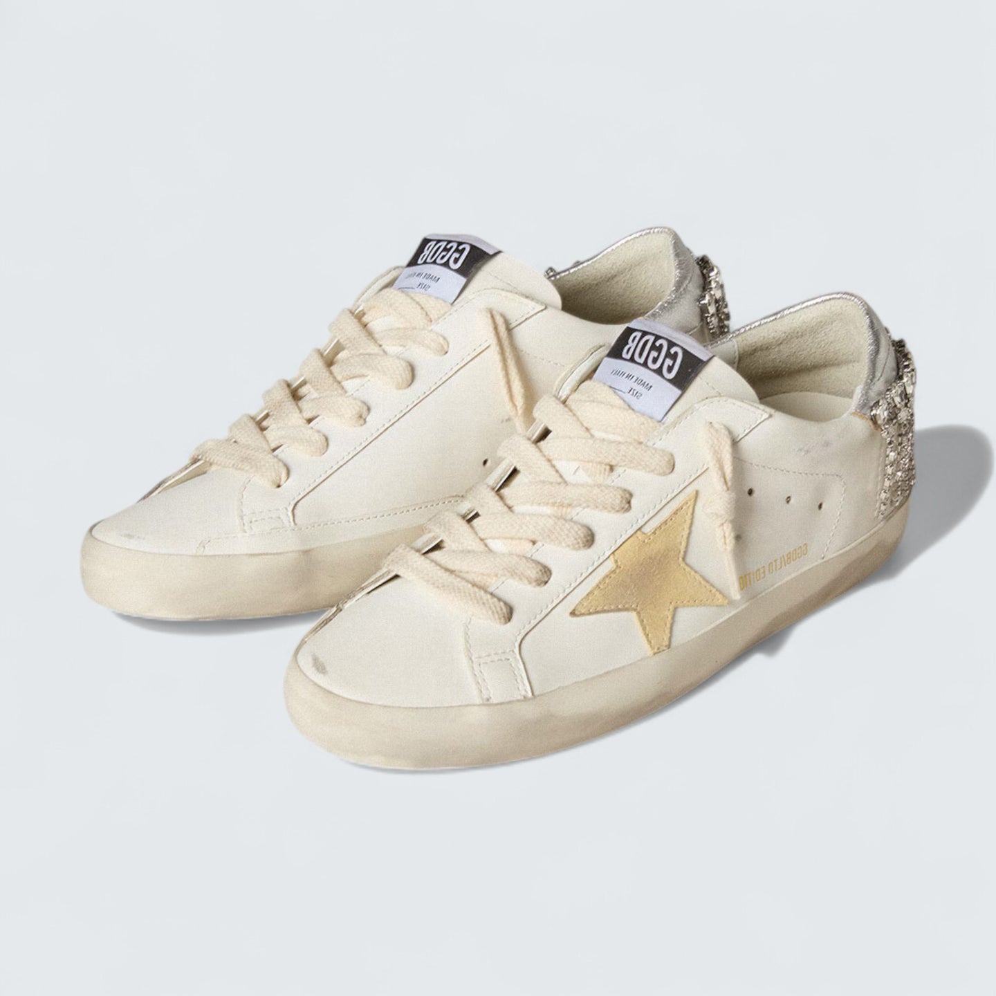 Super-Star LTD 'White Leather with Yellow Suede Star and Silver Metallic Leather Heel Tab with Crystals'