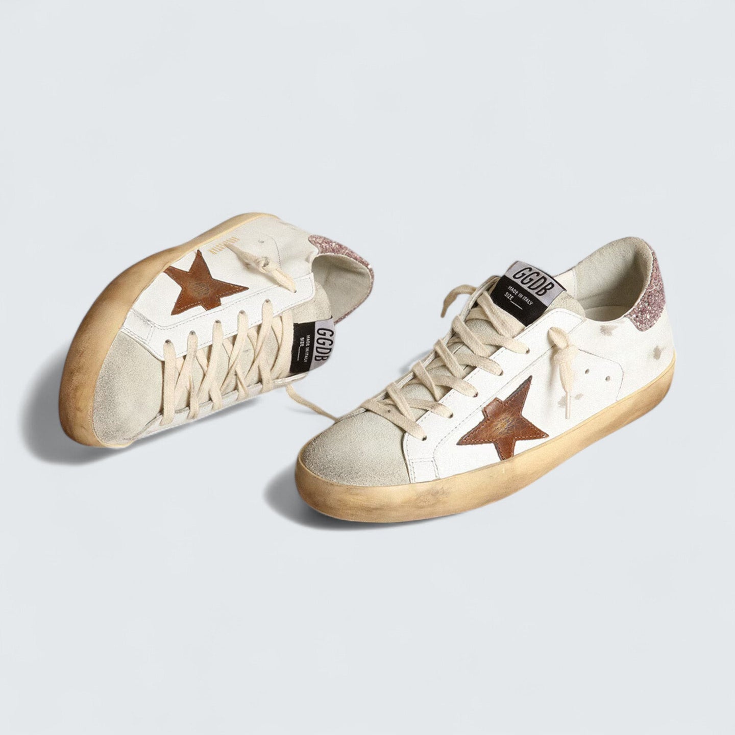 uper-Star 'White Leather with Tan Leather Star and Pink Glitter Heel Tab'