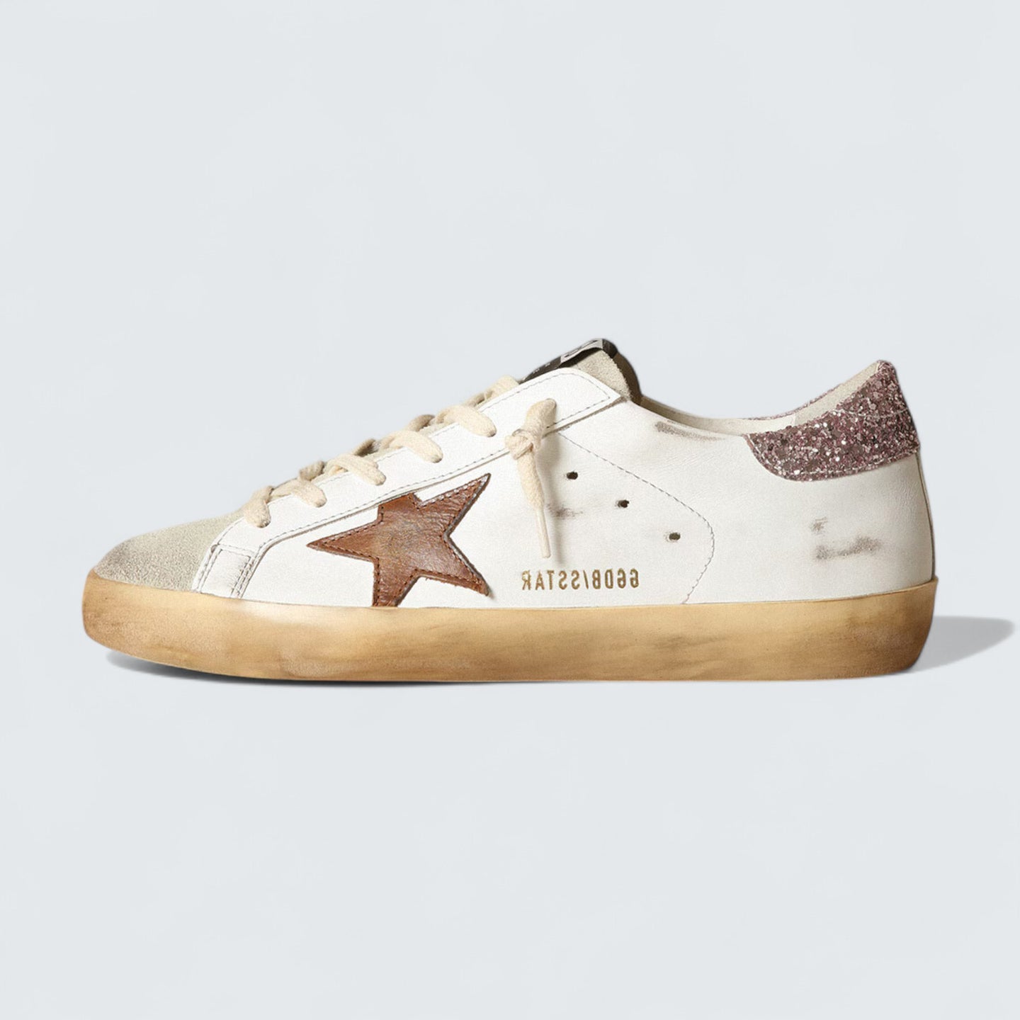 uper-Star 'White Leather with Tan Leather Star and Pink Glitter Heel Tab'