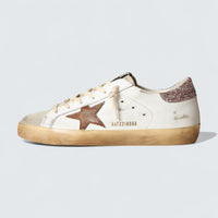 uper-Star 'White Leather with Tan Leather Star and Pink Glitter Heel Tab'