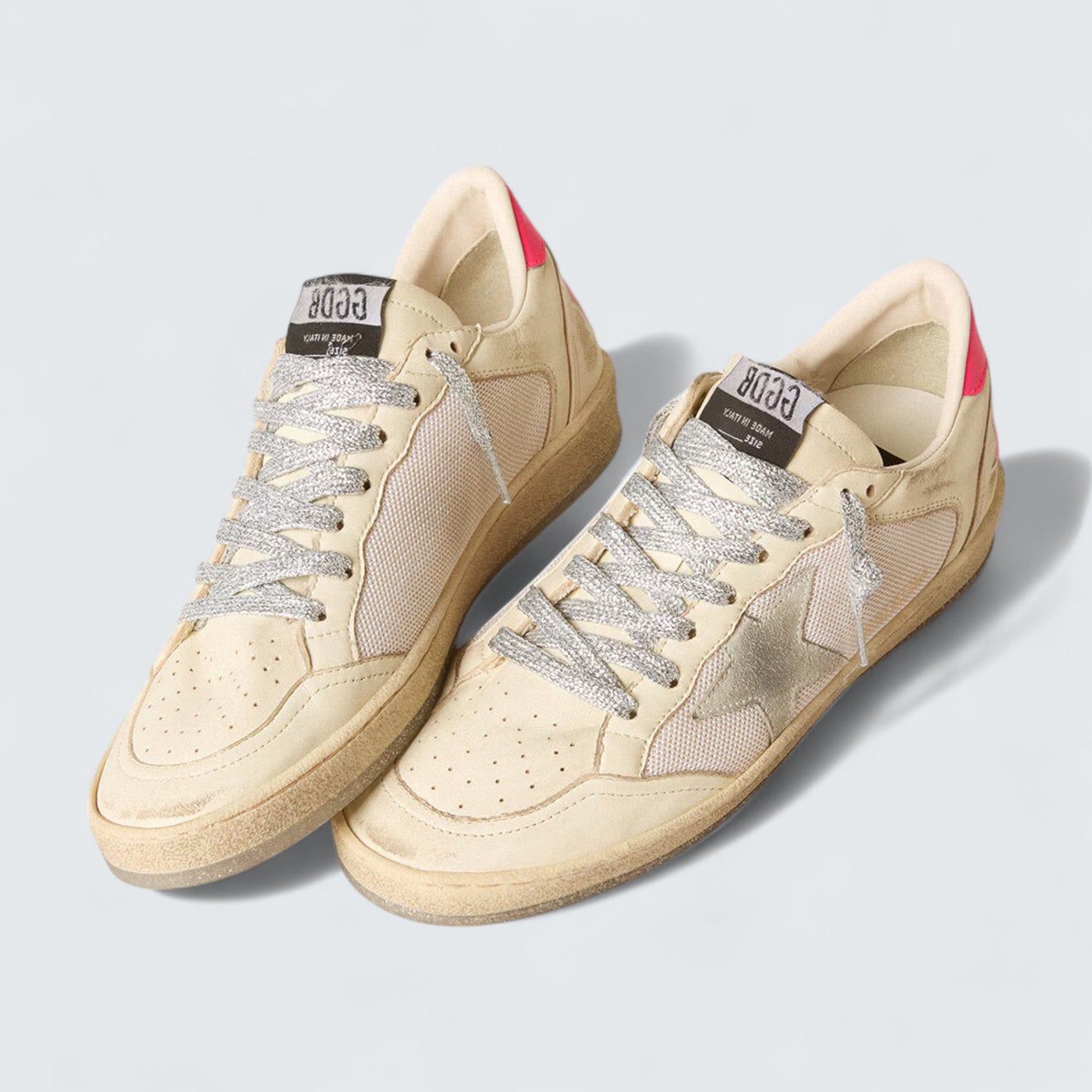 Ball Star LTD 'Cream Nappa and White Mesh with Ice-Gray Suede Star and Fuchsia Leather Heel Tab'