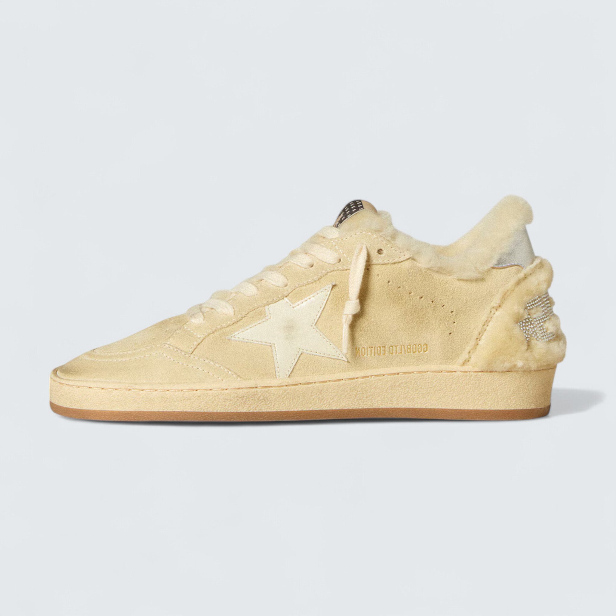 Ball Star LTD 'Beige Suede with White Patent Leather Star and Shearling Lining'