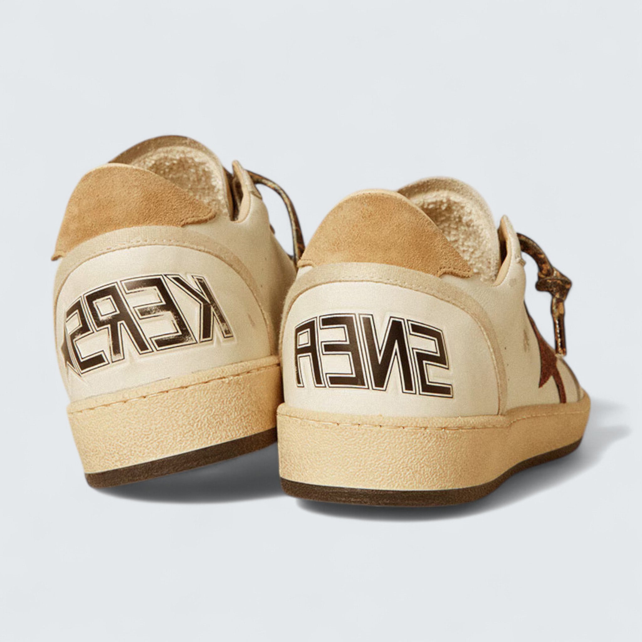Ball Star LTD 'White Leather with Burgundy Glitter Star and Beige Suede Heel Tab'