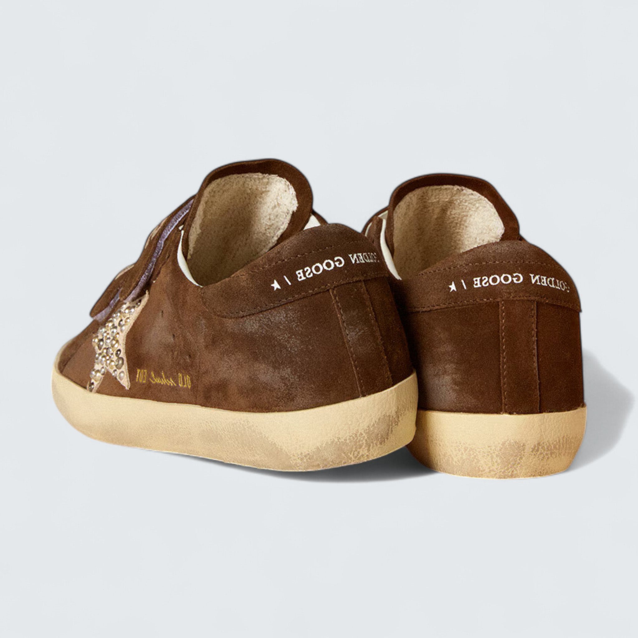 Women's Old School 'Brown Suede with Beige Suede Star with Studs and Pearls'