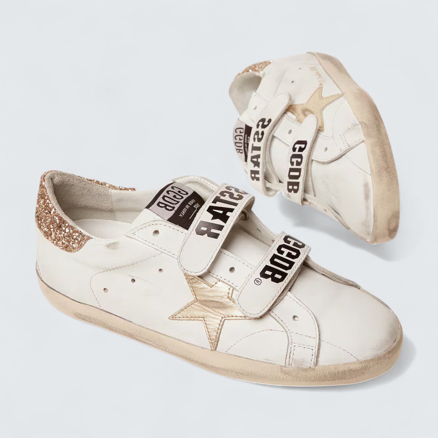 Women's Old School 'White Leather with Gold Laminated Leather Star and Gold Glitter Heel Tab'