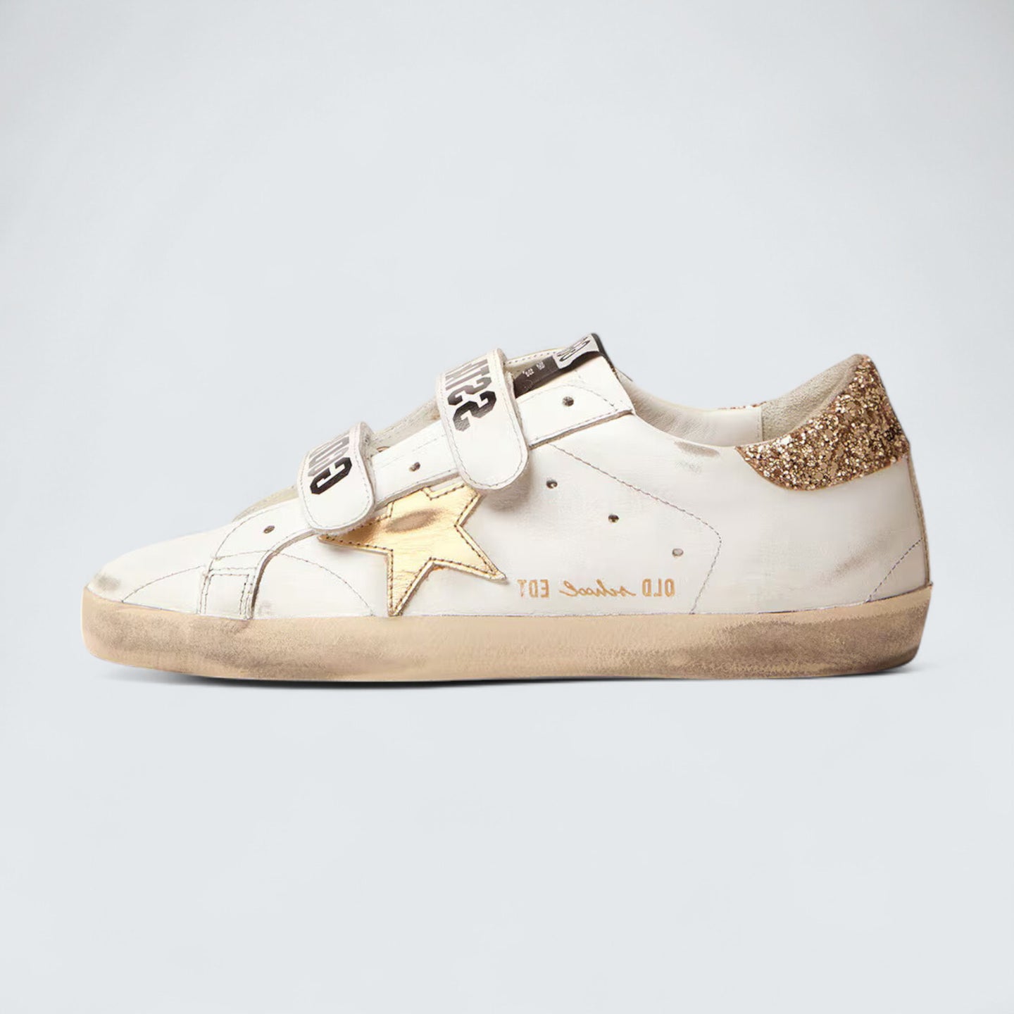 Women's Old School 'White Leather with Gold Laminated Leather Star and Gold Glitter Heel Tab'