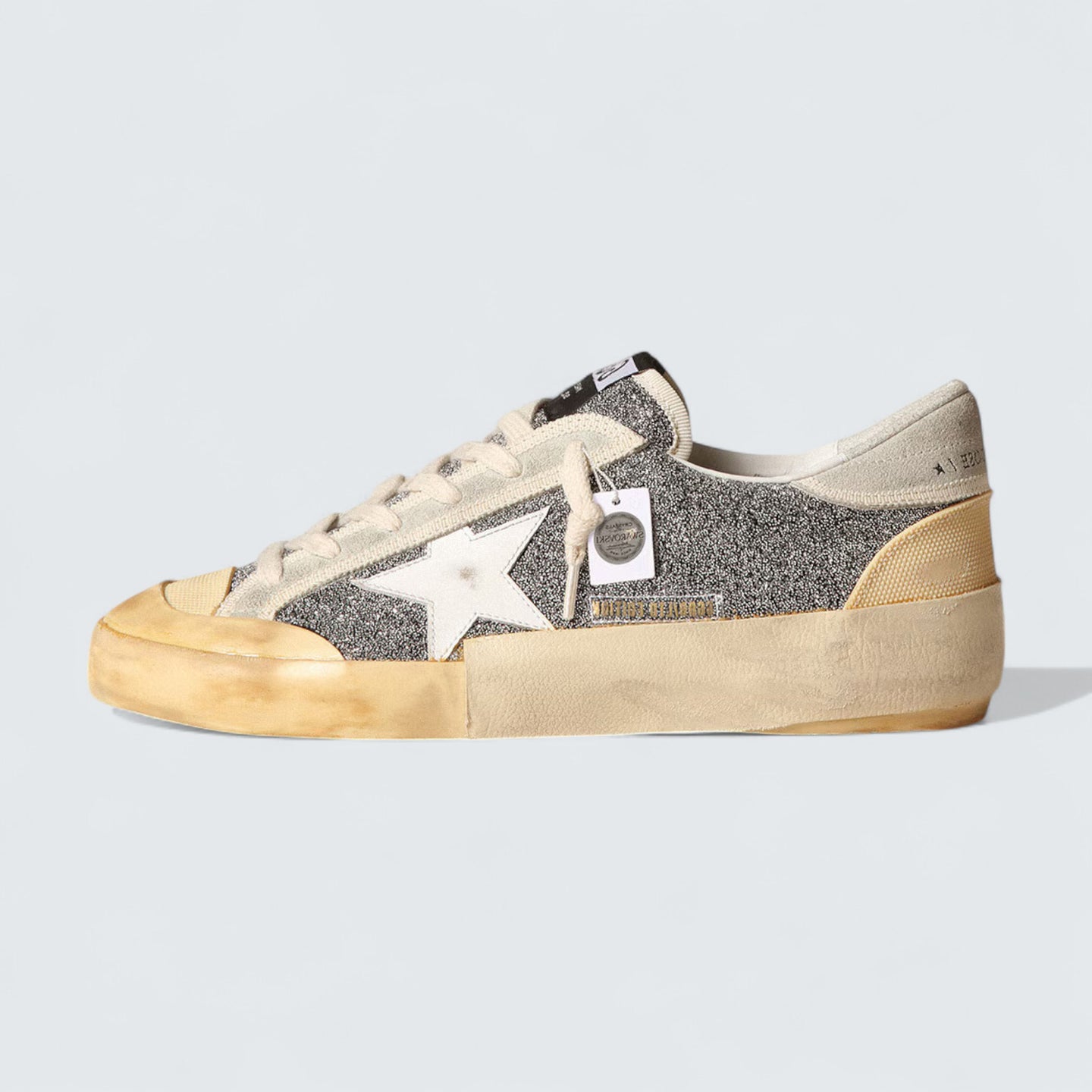 Super-Star LAB 'Silver Swarovski Glitter with White Leather Star and Cream Suede Heel Tab'