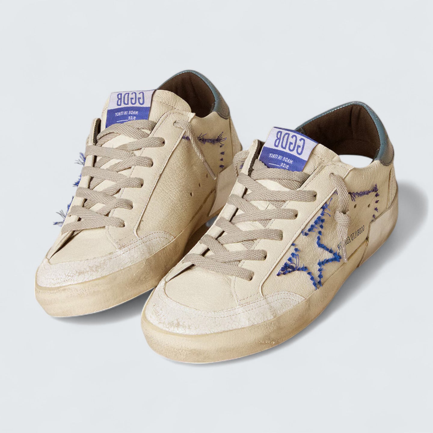 Super-Star LTD 'White Nappa Leather with Blue Embroidered Star and Light Blue Leather Heel Tab'
