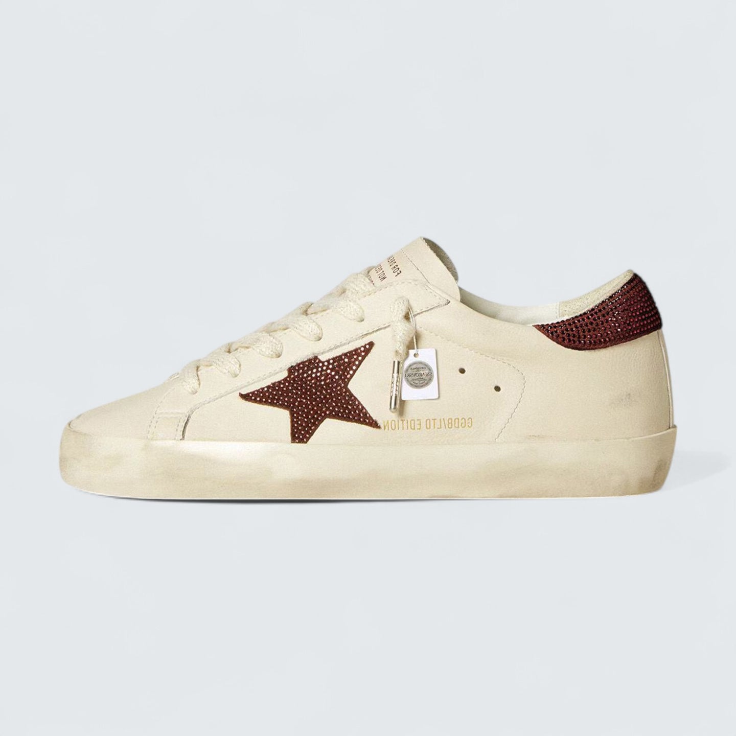 Super-Star LTD 'White Leather with Burgundy Suede Star and Heel Tab with Pink Swarovski Crystals'