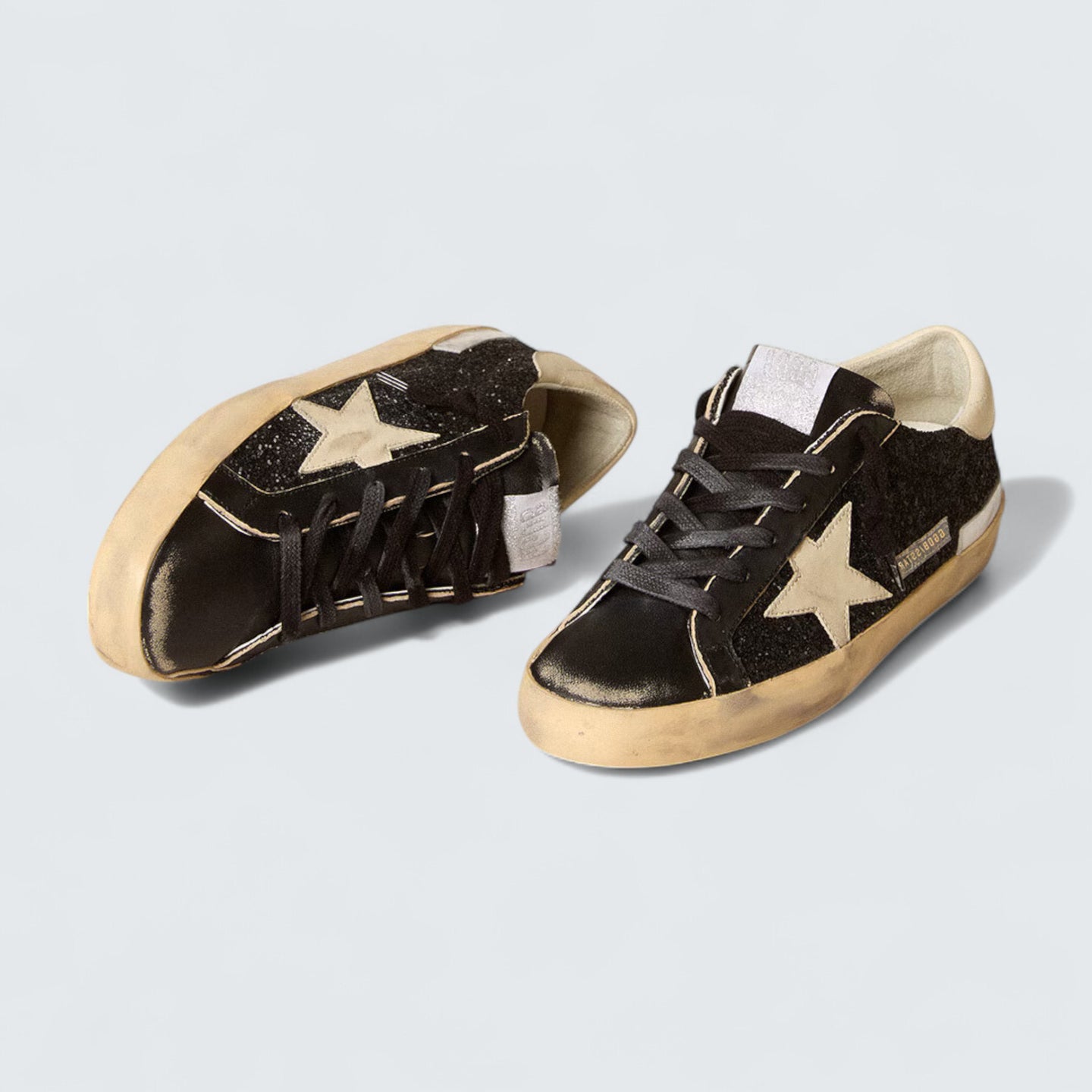 Super-Star 'Black Glitter and Nappa with Cream Leather Star and Heel Tab'