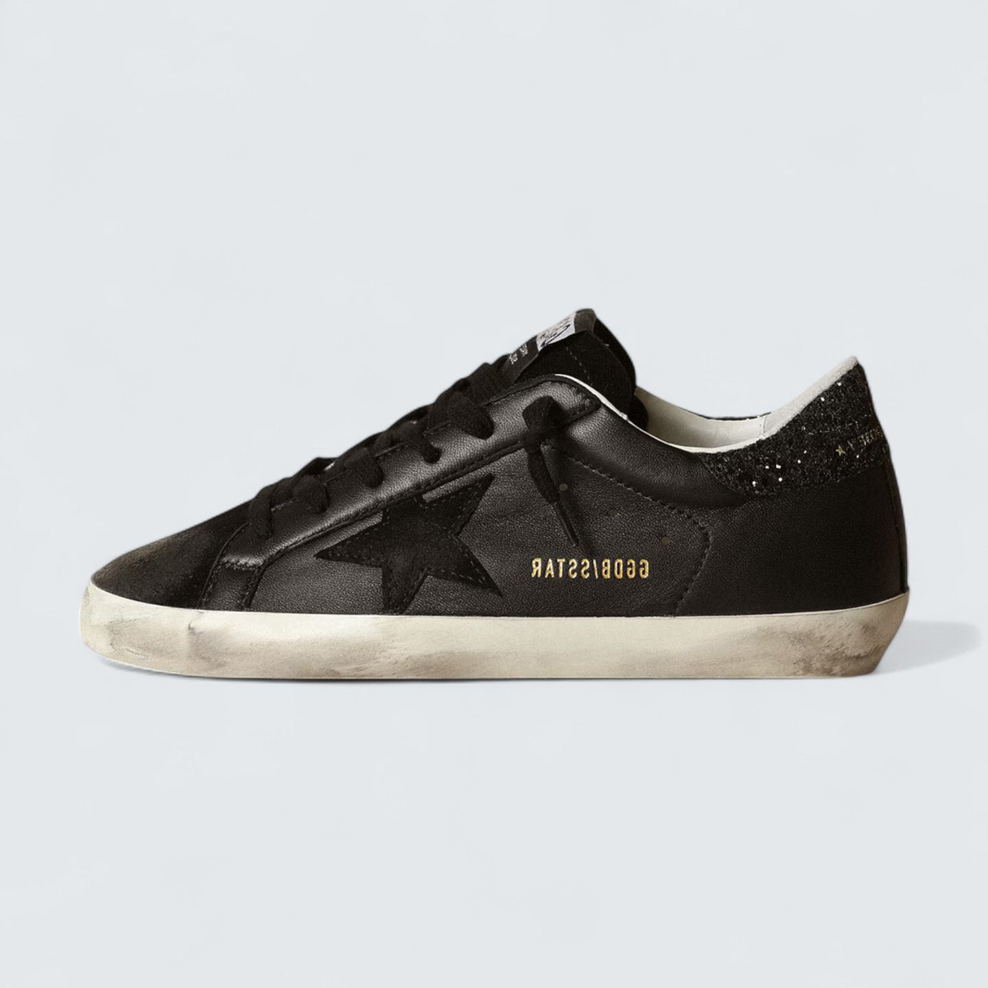 Super-Star 'Black Nappa with Black Star and Glitter Heel Tab'