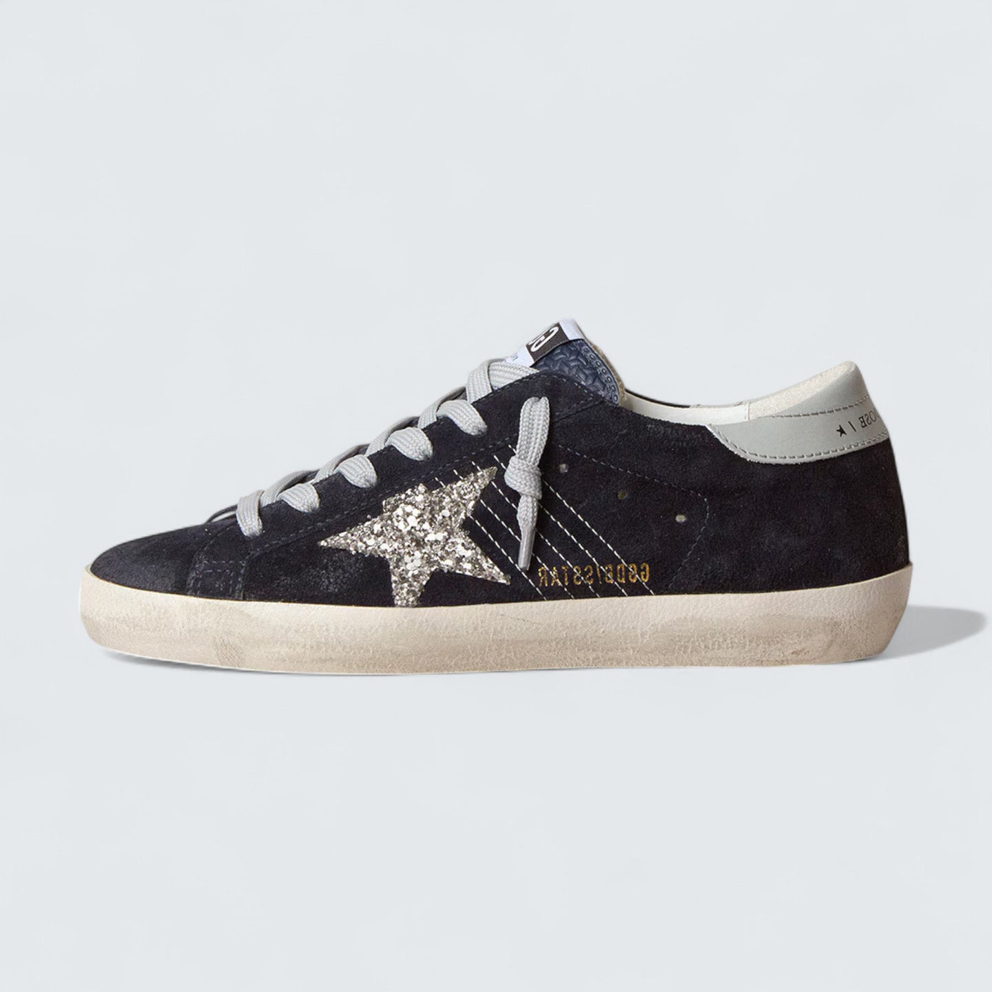 Super-Star 'Midnight Blue Suede with Silver Glitter Star and Ice-Gray Leather Heel Tab'