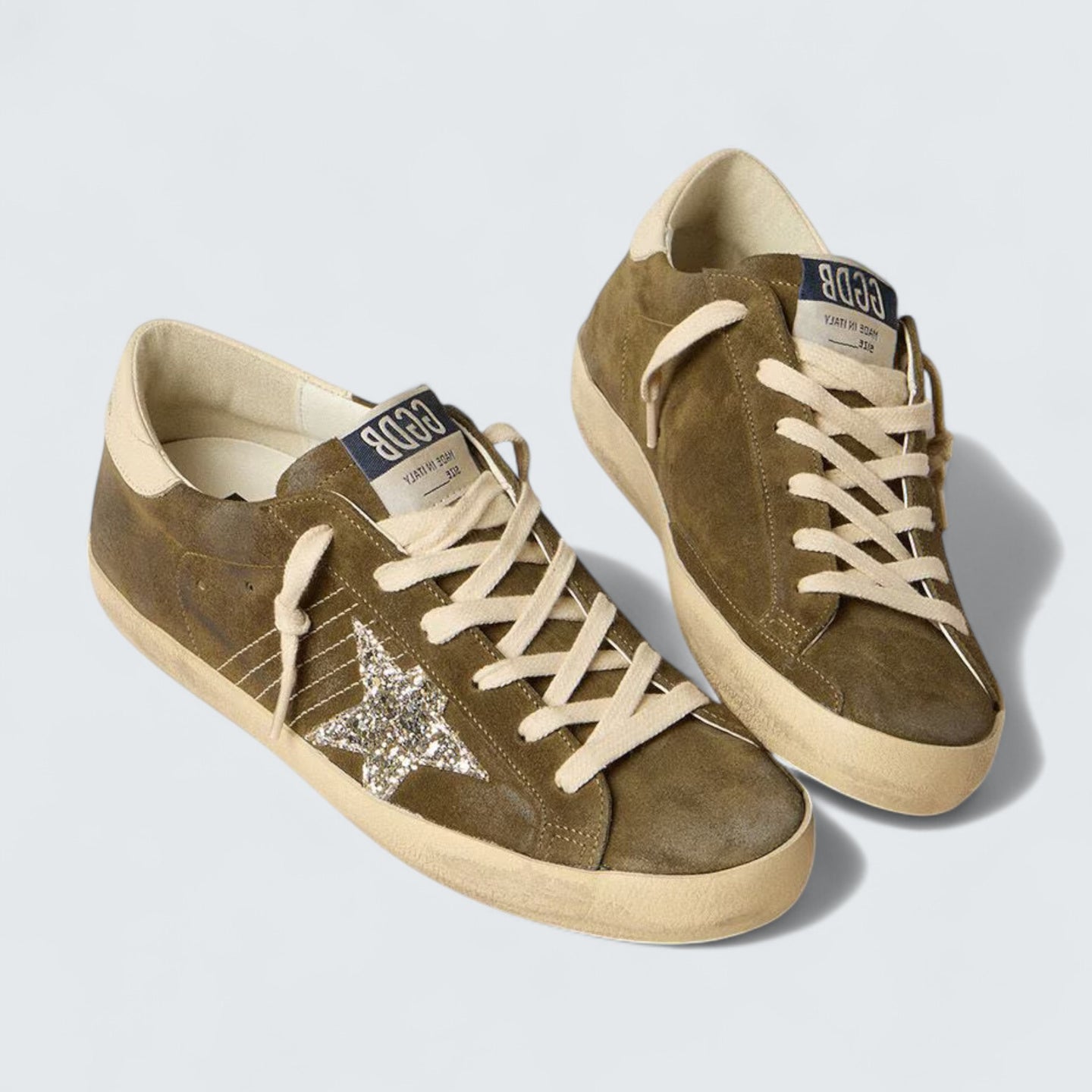 Super-Star 'Military Green Suede with Silver Glitter Star and Cream Leather Heel Tab'