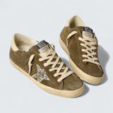 Super-Star 'Military Green Suede with Silver Glitter Star and Cream Leather Heel Tab'