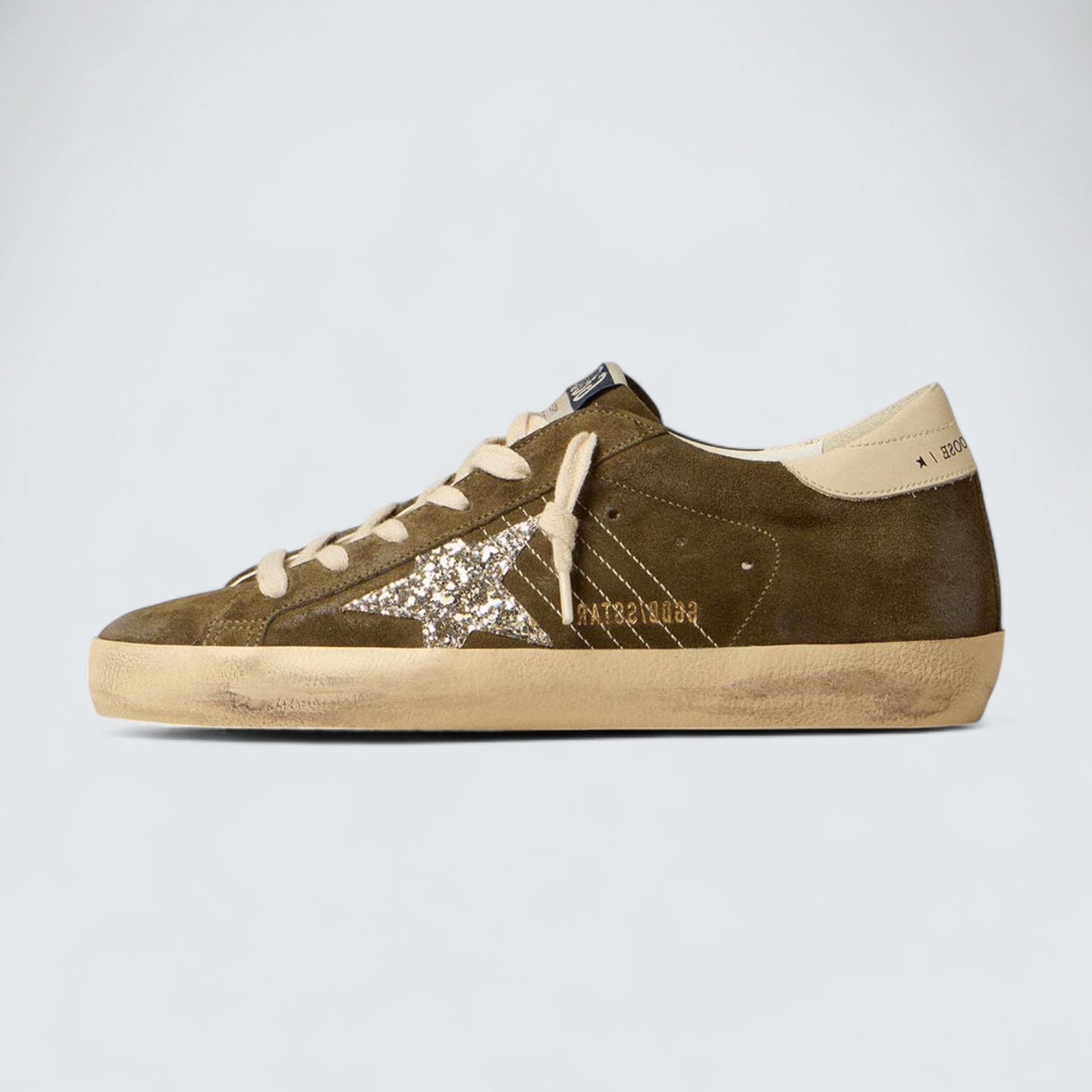 Super-Star 'Military Green Suede with Silver Glitter Star and Cream Leather Heel Tab'