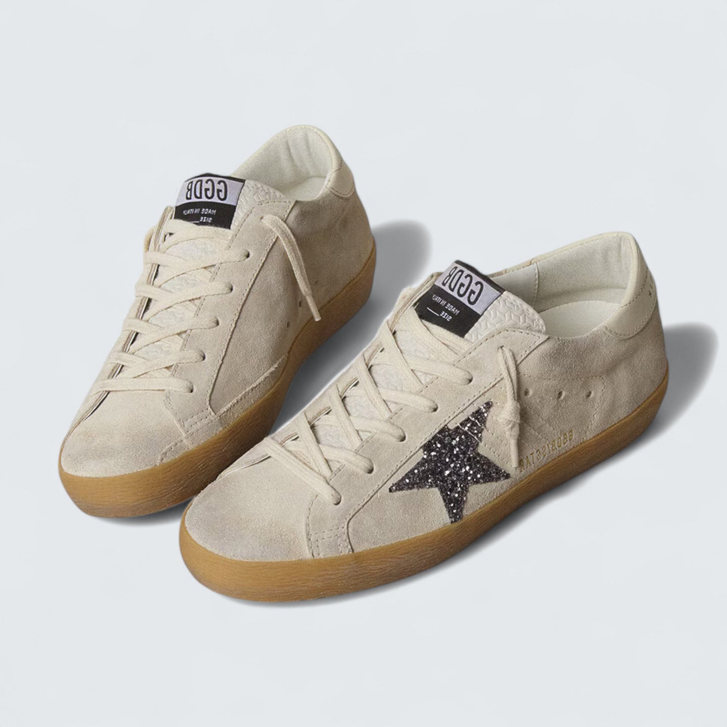 Super-Star 'Ice-Gray Suede with Silver Glitter Star and Leather Heel Tab'