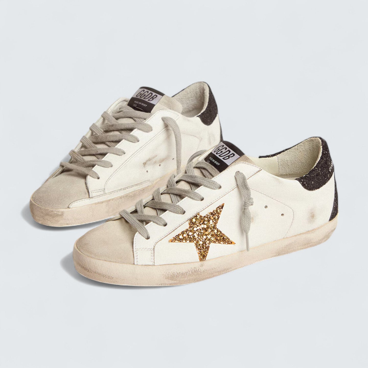Super-Star 'White Nappa Leather with Gold Glitter Star and Black Glitter Heel Tab'