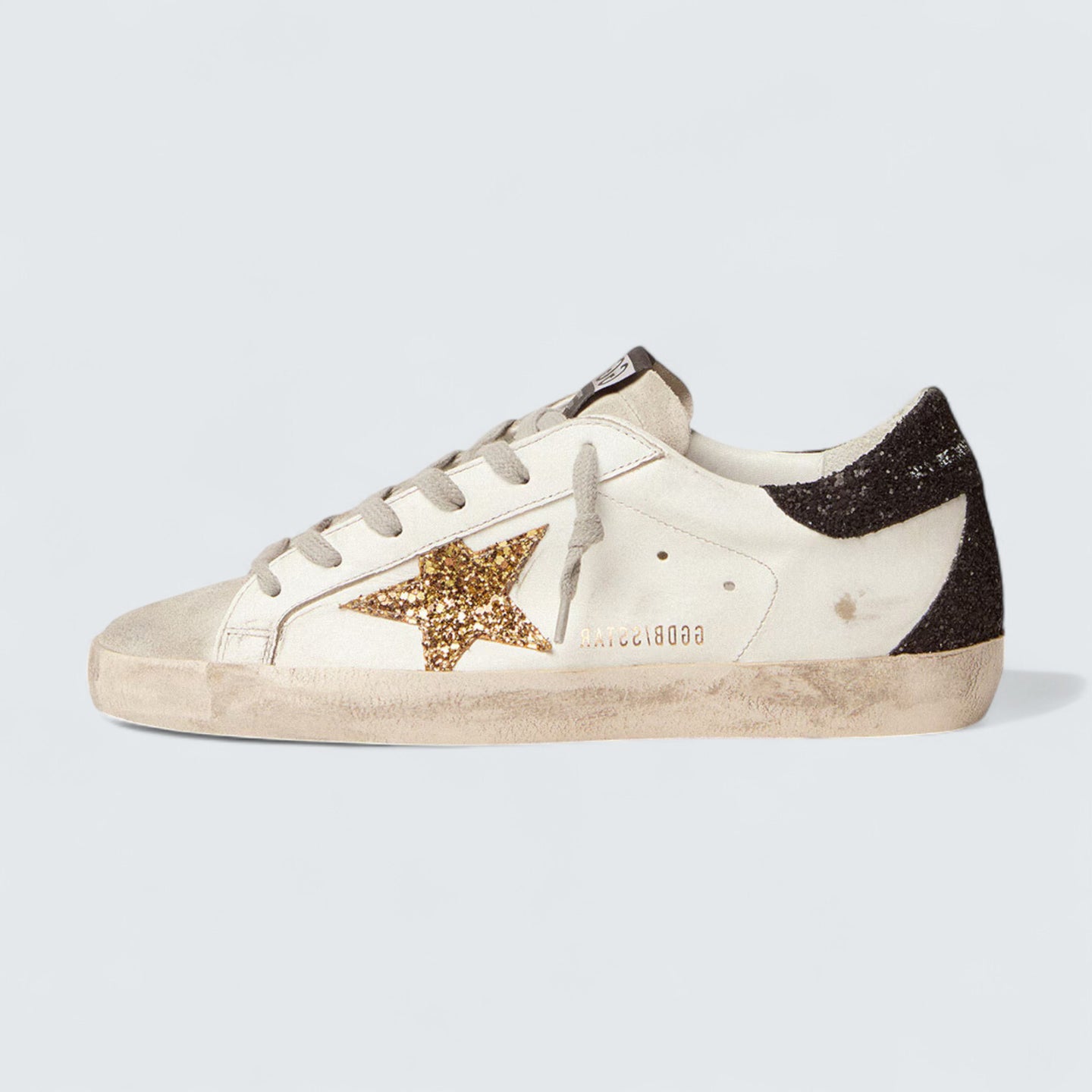 Super-Star 'White Nappa Leather with Gold Glitter Star and Black Glitter Heel Tab'