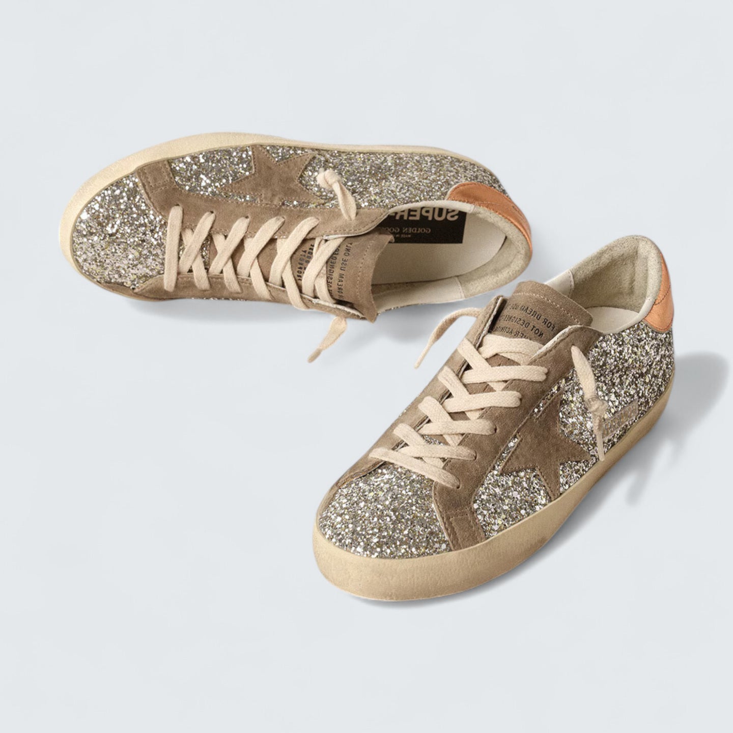 Super-Star 'Platinum Glitter with Dove-Gray Suede Star and Peach-Pink Metallic Leather Heel Tab'