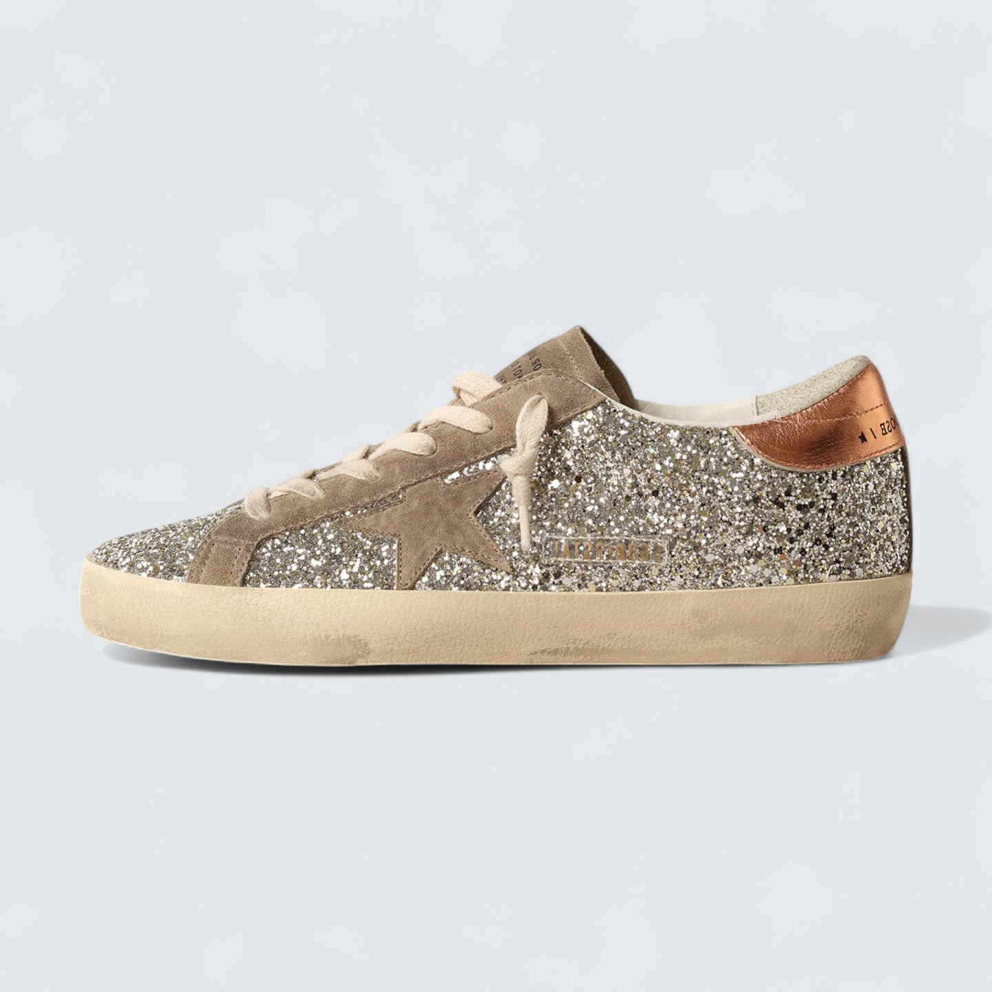 Super-Star 'Platinum Glitter with Dove-Gray Suede Star and Peach-Pink Metallic Leather Heel Tab'