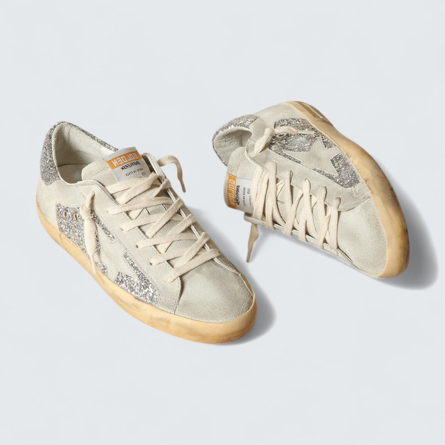 Super-Star 'Ice-Gray Suede with Silver Glitter Panels and Silver Glitter Heel Tab'