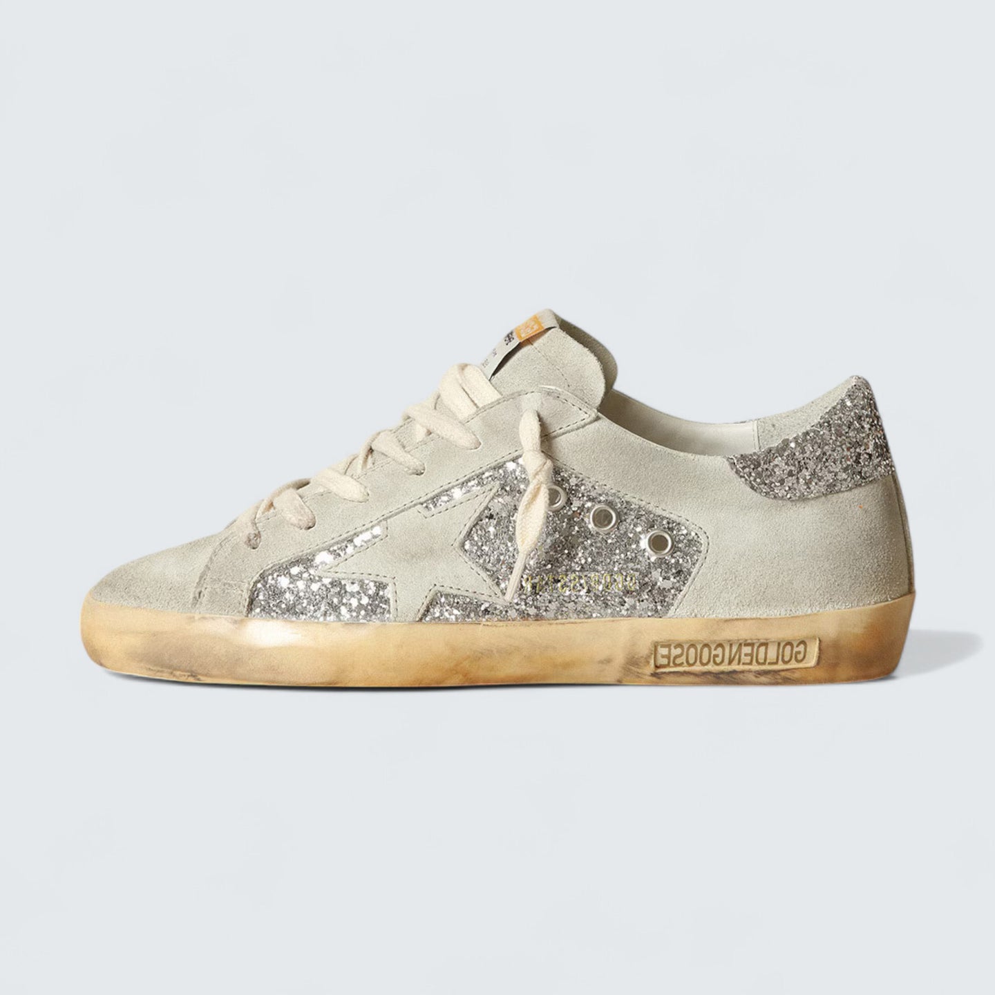 Super-Star 'Ice-Gray Suede with Silver Glitter Panels and Silver Glitter Heel Tab'