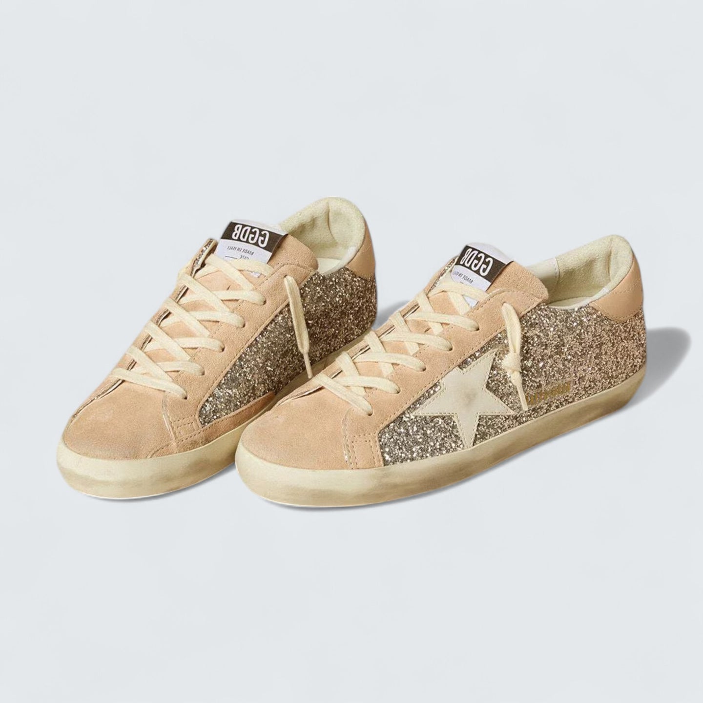 Super-Star 'Silver Glitter with Milk-White Leather Star and Pink Leather Heel Tab'