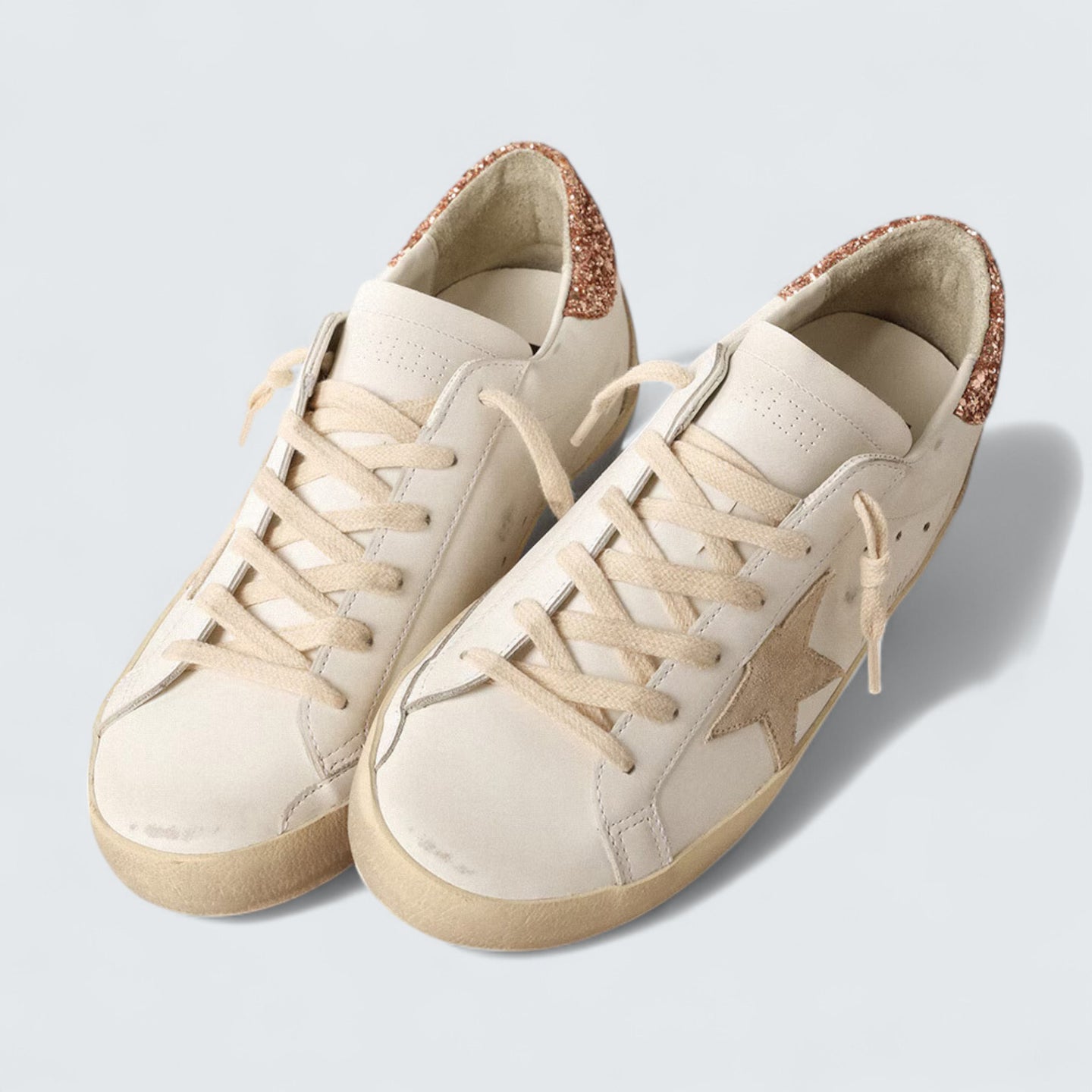 Super-Star 'Beige Suede Star and Peach-Pink Glitter Heel Tab'