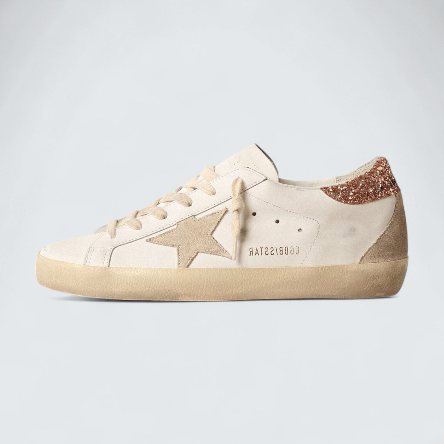 Super-Star 'Beige Suede Star and Peach-Pink Glitter Heel Tab'