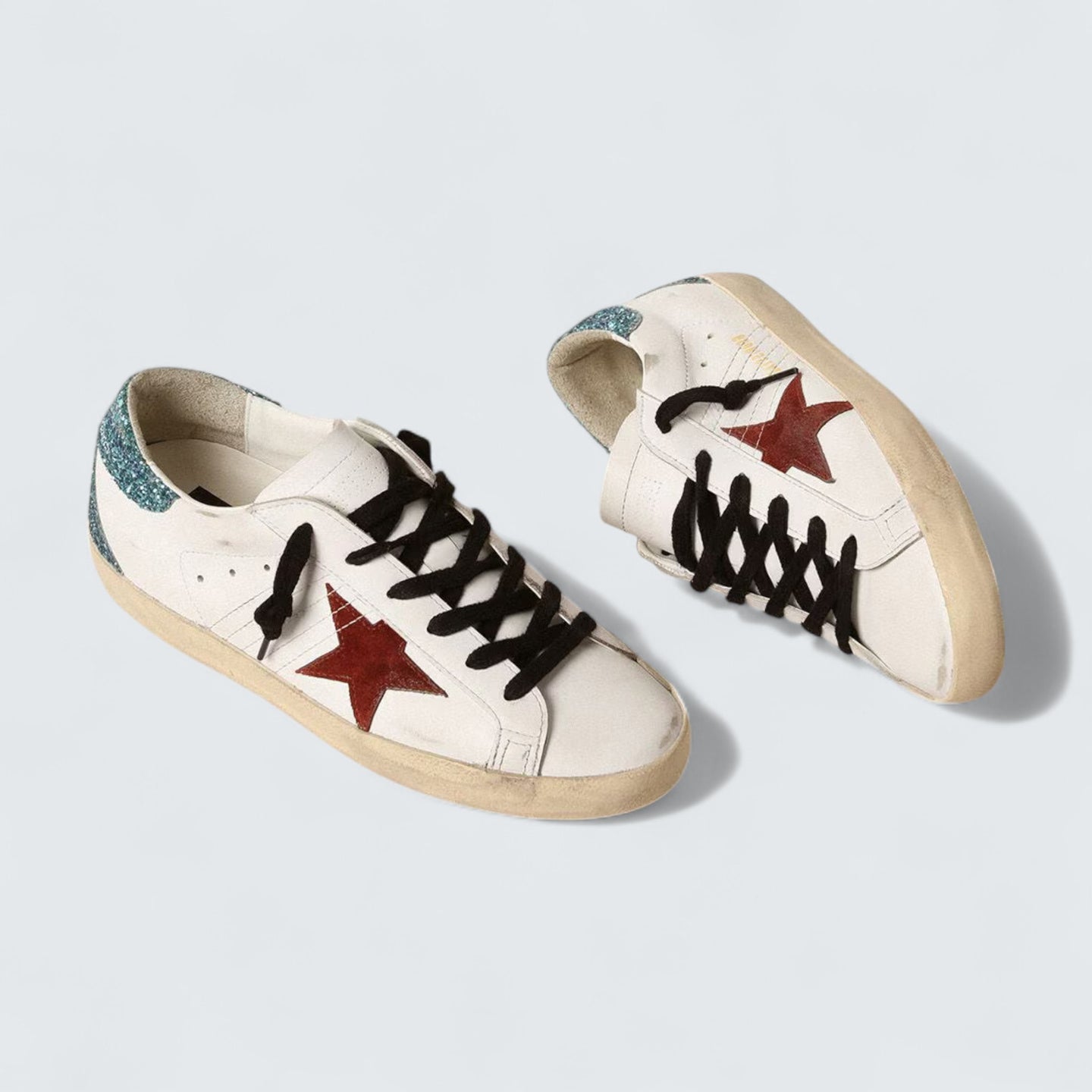 Super-Star 'White Leather with Burgundy Suede Star and Light Blue Glitter Heel Tab'