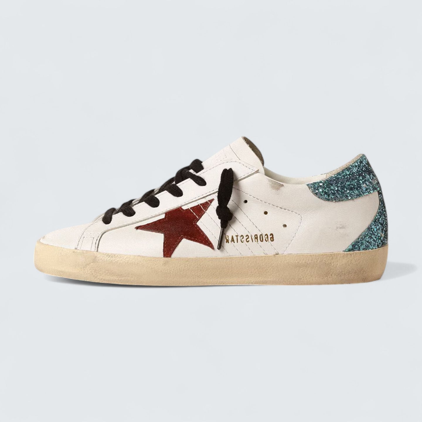 Super-Star 'White Leather with Burgundy Suede Star and Light Blue Glitter Heel Tab'