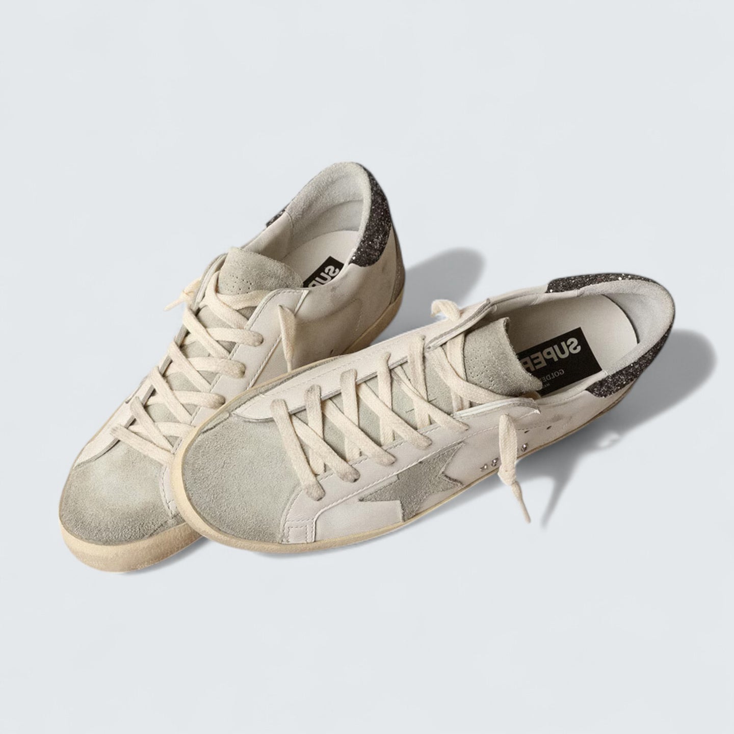 Super-Star 'White Leather with Gray Suede Star and Dark Gray Glitter Heel Tab'