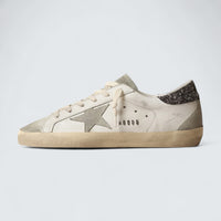 Super-Star 'White Leather with Gray Suede Star and Dark Gray Glitter Heel Tab'