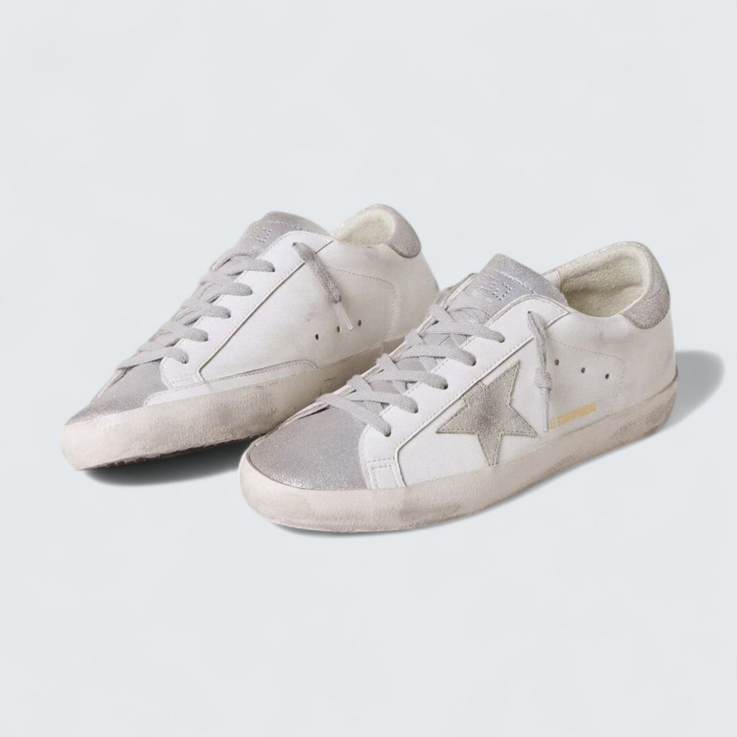 Super-Star 'White Suede with Gray Suede Star and Silver Glitter Heel Tab'