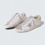 Super-Star 'White Suede with Gray Suede Star and Silver Glitter Heel Tab'