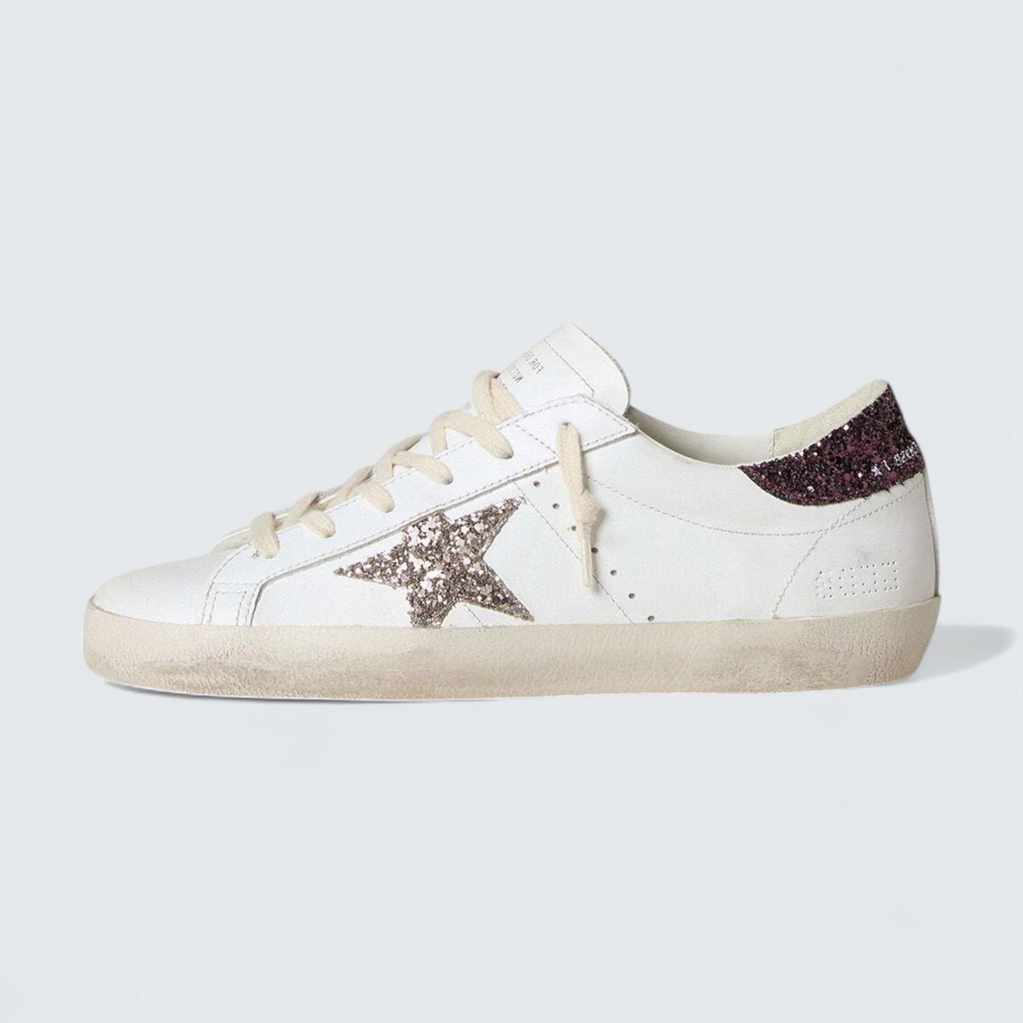 Super-Star 'White Leather with Silver Glitter Star and Lilac Glitter Heel Tab'