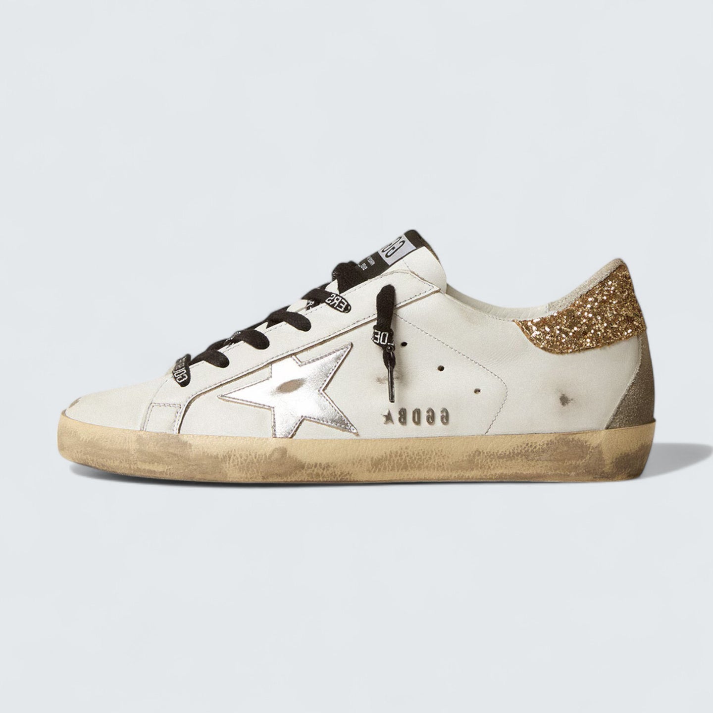 Super-Star 'White Leather with Gold Glitter Heel Tab'